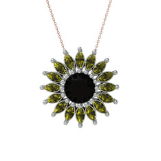 Taşlı Papatya Kolye - Siyah zirkon ve peridot 925 ayar gümüş kolye (40 cm rose altın rolo zincir) #qjefd1