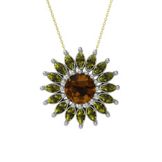 Taşlı Papatya Kolye - Dumanlı kuvars ve peridot 925 ayar gümüş kolye (40 cm altın rolo zincir) #r03527