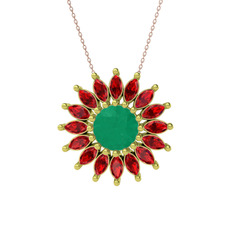 Taşlı Papatya Kolye - Kök zümrüt ve garnet 8 ayar altın kolye (40 cm rose altın rolo zincir) #rd20uw
