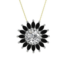 Taşlı Papatya Kolye - Swarovski ve siyah zirkon 14 ayar beyaz altın kolye (40 cm altın rolo zincir) #rm366p