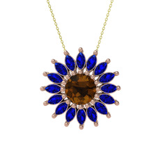 Dumanlı kuvars ve lab safir 925 ayar rose altın kaplama gümüş kolye (40 cm altın rolo zincir)