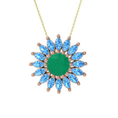 Taşlı Papatya Kolye - Kök zümrüt ve akuamarin 8 ayar rose altın kolye (40 cm altın rolo zincir) #rtuaid