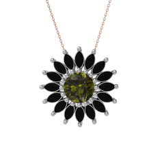 Taşlı Papatya Kolye - Peridot ve siyah zirkon 18 ayar beyaz altın kolye (40 cm rose altın rolo zincir) #s5wc89