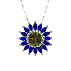 Peridot ve lab safir 18 ayar beyaz altın kolye (40 cm rose altın rolo zincir)