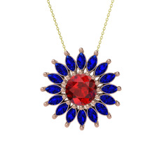 Taşlı Papatya Kolye - Garnet ve lab safir 14 ayar rose altın kolye (40 cm altın rolo zincir) #s7o4gm