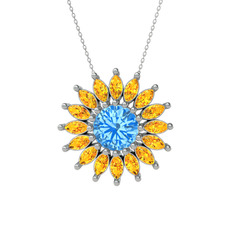 Taşlı Papatya Kolye - Akuamarin ve sitrin 925 ayar gümüş kolye (40 cm gümüş rolo zincir) #s8g9fy