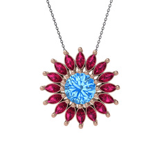 Akuamarin ve rodolit garnet 14 ayar rose altın kolye (40 cm gümüş rolo zincir)