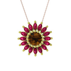Taşlı Papatya Kolye - Dumanlı kuvars ve rodolit garnet 14 ayar altın kolye (40 cm rose altın rolo zincir) #siig4q