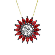 Taşlı Papatya Kolye - Swarovski ve garnet 925 ayar siyah rodyum kaplama gümüş kolye (40 cm altın rolo zincir) #suic4j