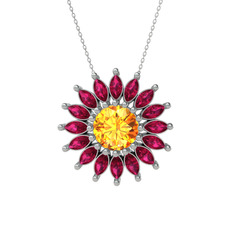 Taşlı Papatya Kolye - Sitrin ve rodolit garnet 14 ayar beyaz altın kolye (40 cm gümüş rolo zincir) #swvh0g