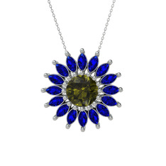 Taşlı Papatya Kolye - Peridot ve lab safir 14 ayar beyaz altın kolye (40 cm gümüş rolo zincir) #syqkb0