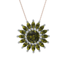 Taşlı Papatya Kolye - Peridot 18 ayar beyaz altın kolye (40 cm rose altın rolo zincir) #ta93m4