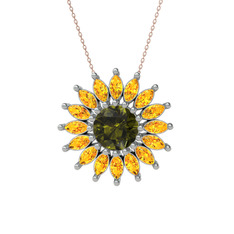 Peridot ve sitrin 18 ayar beyaz altın kolye (40 cm rose altın rolo zincir)
