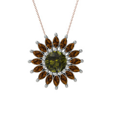 Taşlı Papatya Kolye - Peridot ve dumanlı kuvars 18 ayar beyaz altın kolye (40 cm rose altın rolo zincir) #ts4h4b