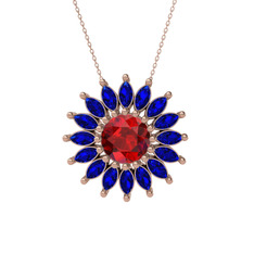 Taşlı Papatya Kolye - Garnet ve lab safir 8 ayar rose altın kolye (40 cm rose altın rolo zincir) #v8kn4