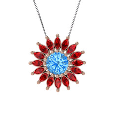Taşlı Papatya Kolye - Akuamarin ve garnet 18 ayar rose altın kolye (40 cm gümüş rolo zincir) #vmkunj