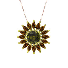 Taşlı Papatya Kolye - Peridot ve dumanlı kuvars 14 ayar altın kolye (40 cm rose altın rolo zincir) #vwgm9c