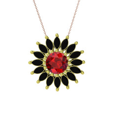 Taşlı Papatya Kolye - Garnet ve siyah zirkon 14 ayar altın kolye (40 cm rose altın rolo zincir) #w16u1o
