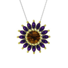 Taşlı Papatya Kolye - Dumanlı kuvars ve ametist 18 ayar altın kolye (40 cm beyaz altın rolo zincir) #w99g1r