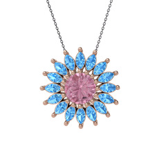 Pembe kuvars ve akuamarin 925 ayar rose altın kaplama gümüş kolye (40 cm gümüş rolo zincir)