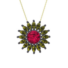 Taşlı Papatya Kolye - Rodolit garnet ve peridot 925 ayar siyah rodyum kaplama gümüş kolye (40 cm altın rolo zincir) #ws6qj8