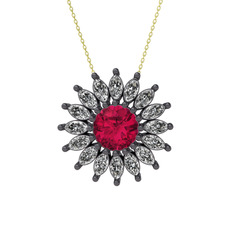 Taşlı Papatya Kolye - Rodolit garnet ve beyaz zirkon 925 ayar siyah rodyum kaplama gümüş kolye (40 cm altın rolo zincir) #ws9wv8