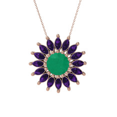 Taşlı Papatya Kolye - Kök zümrüt ve ametist 925 ayar rose altın kaplama gümüş kolye (40 cm gümüş rolo zincir) #wseqc3