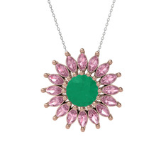 Taşlı Papatya Kolye - Kök zümrüt ve pembe kuvars 14 ayar rose altın kolye (40 cm gümüş rolo zincir) #x02wlv