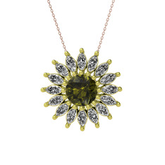 Taşlı Papatya Kolye - Peridot ve beyaz zirkon 14 ayar altın kolye (40 cm rose altın rolo zincir) #x3dtry