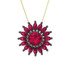 Taşlı Papatya Kolye - Rodolit garnet 925 ayar siyah rodyum kaplama gümüş kolye (40 cm altın rolo zincir) #x6ebbd
