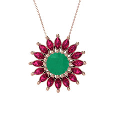 Taşlı Papatya Kolye - Kök zümrüt ve rodolit garnet 8 ayar rose altın kolye (40 cm rose altın rolo zincir) #xkrjrn
