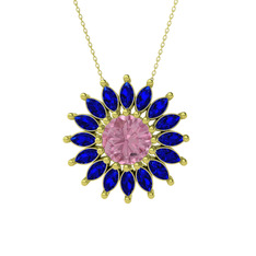 Taşlı Papatya Kolye - Pembe kuvars ve lab safir 8 ayar altın kolye (40 cm altın rolo zincir) #xo9adv