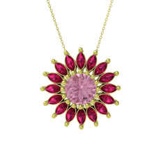 Taşlı Papatya Kolye - Pembe kuvars ve rodolit garnet 8 ayar altın kolye (40 cm altın rolo zincir) #xpgfmm
