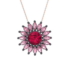 Rodolit garnet ve pembe kuvars 925 ayar siyah rodyum kaplama gümüş kolye (40 cm gümüş rolo zincir)