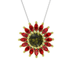 Taşlı Papatya Kolye - Peridot ve garnet 925 ayar altın kaplama gümüş kolye (40 cm beyaz altın rolo zincir) #xxapud