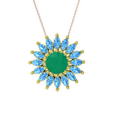 Kök zümrüt ve akuamarin 925 ayar altın kaplama gümüş kolye (40 cm rose altın rolo zincir)