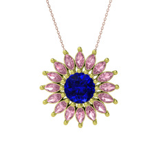 Lab safir ve pembe kuvars 18 ayar altın kolye (40 cm rose altın rolo zincir)