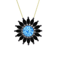 Taşlı Papatya Kolye - Akuamarin ve siyah zirkon 925 ayar siyah rodyum kaplama gümüş kolye (40 cm altın rolo zincir) #yb6fhp