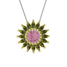 Taşlı Papatya Kolye - Pembe kuvars ve peridot 14 ayar altın kolye (40 cm gümüş rolo zincir) #yjzfub