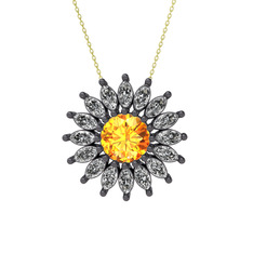 Taşlı Papatya Kolye - Sitrin ve swarovski 925 ayar siyah rodyum kaplama gümüş kolye (40 cm gümüş rolo zincir) #ysaogx