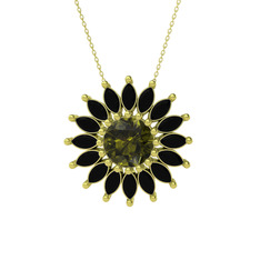 Peridot ve siyah zirkon 18 ayar altın kolye (40 cm gümüş rolo zincir)