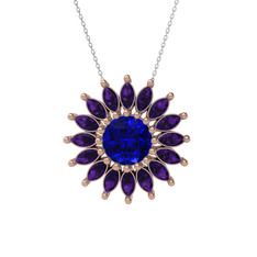 Taşlı Papatya Kolye - Lab safir ve ametist 925 ayar rose altın kaplama gümüş kolye (40 cm beyaz altın rolo zincir) #z2278u