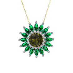 Peridot ve yeşil kuvars 8 ayar beyaz altın kolye (40 cm altın rolo zincir)