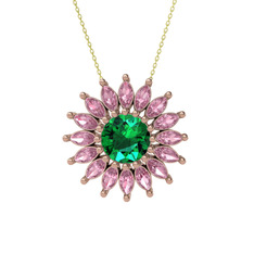 Taşlı Papatya Kolye - Yeşil kuvars ve pembe kuvars 14 ayar rose altın kolye (40 cm altın rolo zincir) #z5z4nk