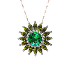 Taşlı Papatya Kolye - Yeşil kuvars ve peridot 8 ayar beyaz altın kolye (40 cm rose altın rolo zincir) #z6wa2s