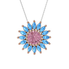 Taşlı Papatya Kolye - Pembe kuvars ve akuamarin 8 ayar rose altın kolye (40 cm beyaz altın rolo zincir) #z9f8ge