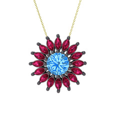 Taşlı Papatya Kolye - Akuamarin ve rodolit garnet 925 ayar siyah rodyum kaplama gümüş kolye (40 cm altın rolo zincir) #zevkxq