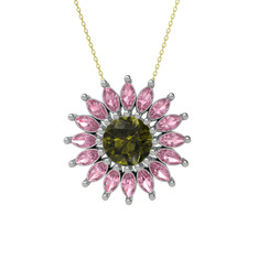 Peridot ve pembe kuvars 8 ayar beyaz altın kolye (40 cm altın rolo zincir)