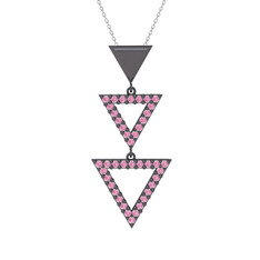 Orya Üçgen Kolye - Pembe kuvars 925 ayar siyah rodyum kaplama gümüş kolye (40 cm beyaz altın rolo zincir) #1h9hrli