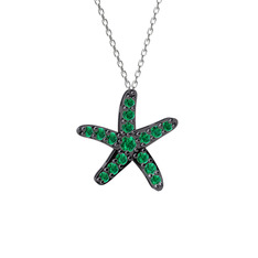 Denizyıldızı Kolye - Yeşil kuvars 925 ayar siyah rodyum kaplama gümüş kolye (40 cm beyaz altın rolo zincir) #17evkn3